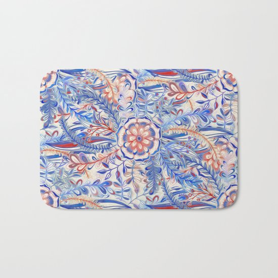 Boho Flower Burst in Red and Blue Bath Mat