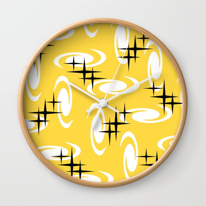 Retro Atomic Age Swirls Stars Pattern Yellow Wall Clock