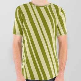 [ Thumbnail: Pale Goldenrod and Green Colored Lines Pattern All Over Graphic Tee ]