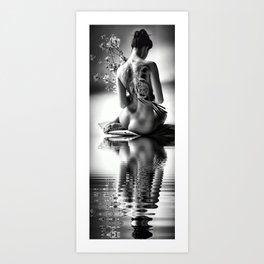 Girl with Lotus Flowers, female nude black and white photography / black and white art photography Art Print | Female, Asian, Flowers, Japan, Japanese, Girl, Nude, Women, Naked, Photos 