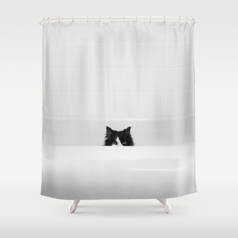 Water Please Black And White Cat In Bathtub Shower Curtain By