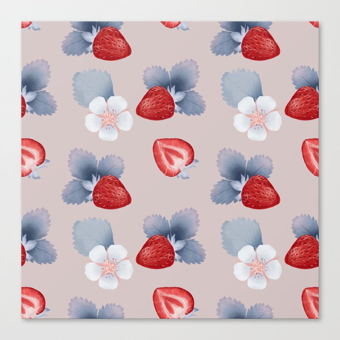 Strawberry Pattern with flowers and leaves Canvas Print