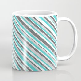[ Thumbnail: Dim Grey, Light Grey, Turquoise & Mint Cream Colored Striped Pattern Coffee Mug ]