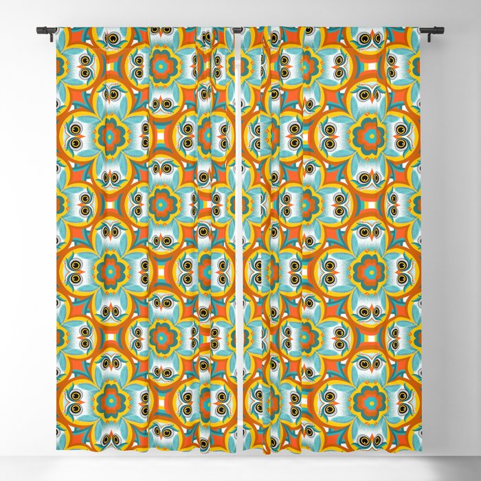 Owl Flowers 1970s Modern Vintage Wallpaper Pattern Blackout Curtain