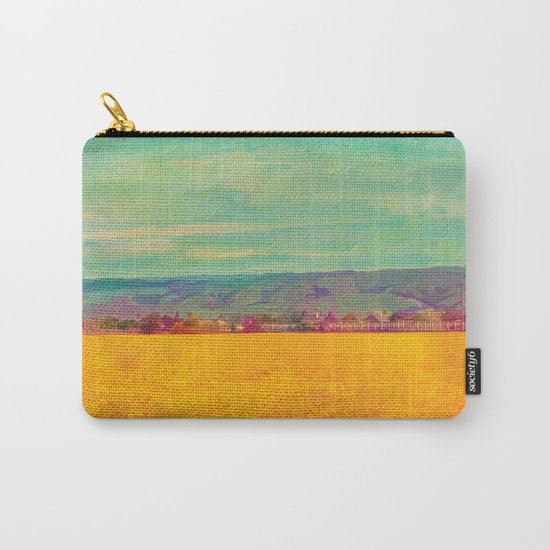 Teal Sky, Indigo Mountains, Mustard Plants, Colorful Houses Carry-All Pouch