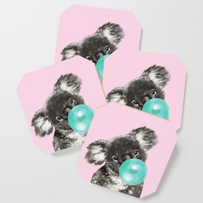 Playful Koala Bear with Bubble Gum in Pink Coaster