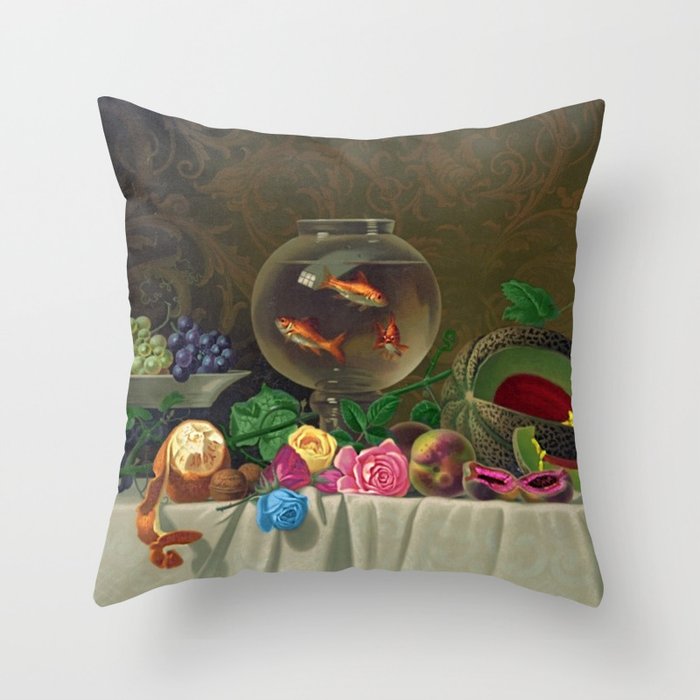 Still Life of Roses Fruit and a Bowl of Goldfish by Milne Ramsey Throw Pillow