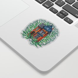 magic  victorian house and green leaves on white background  Sticker