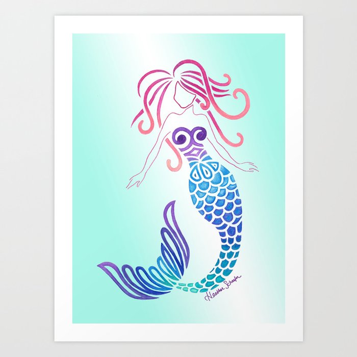 Tribal Mermaid with Ombre Turquoise Background Art Print by ...