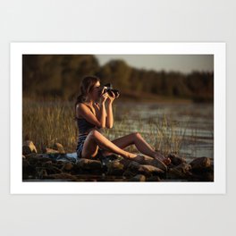 The big shot; female photographer taking the photograph of her life color photographic art print Art Print