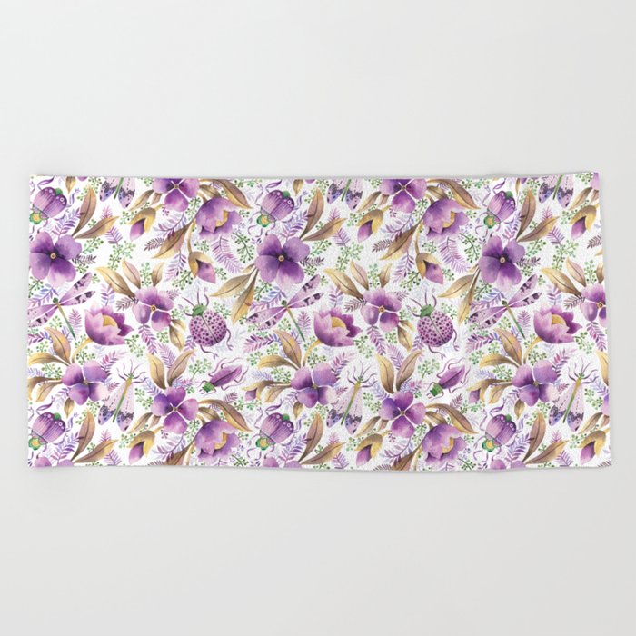 violet garden floral pattern Beach Towel