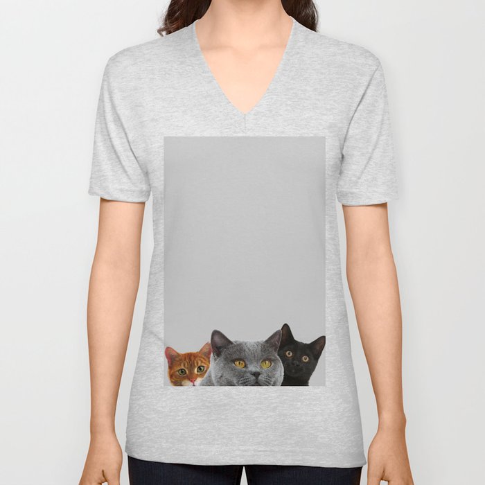 Grey Cat Print Animal Home Decor Pigeon Monochrome Cats Desin V Neck T Shirt