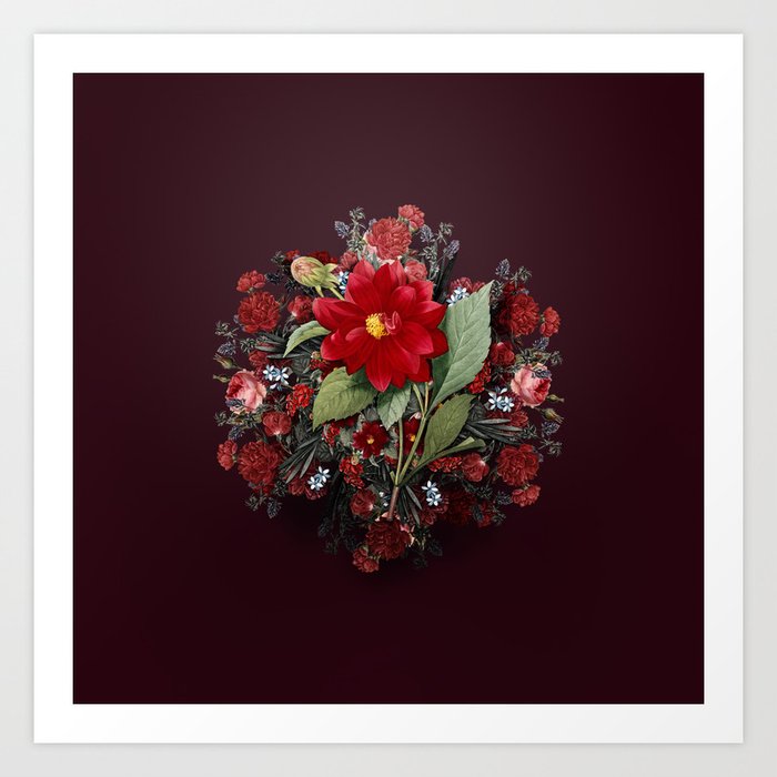 Vintage Double Dahlias Flower Wreath on Wine Red Art Print