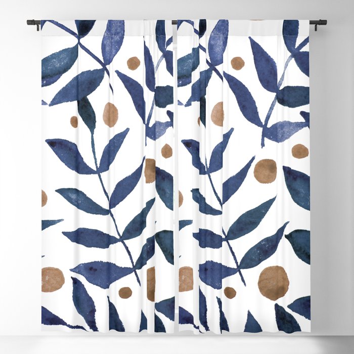 Watercolor berries and branches - indigo and beige Blackout Curtain