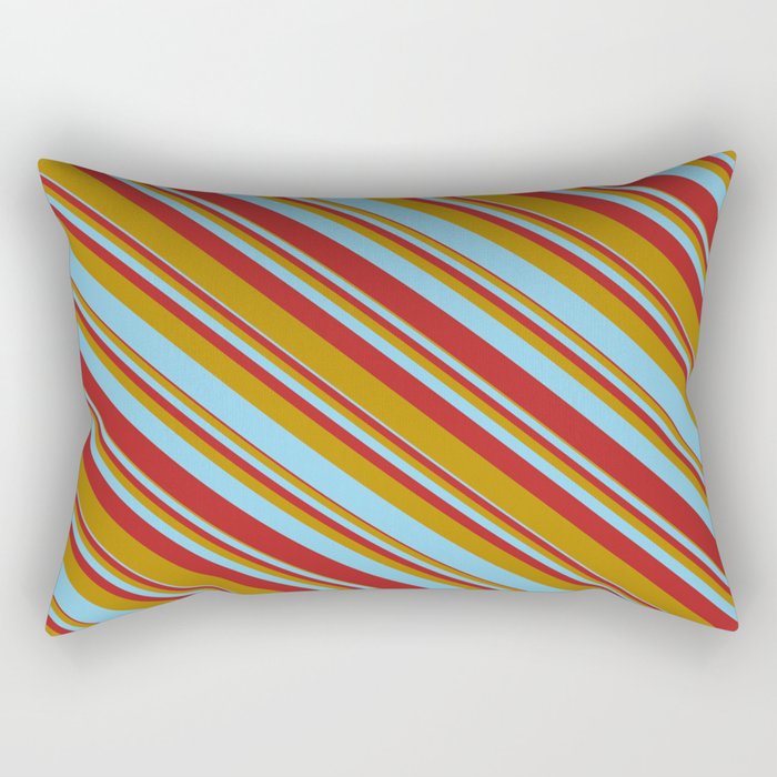 Dark Goldenrod, Sky Blue & Red Colored Stripes Pattern Rectangular Pillow