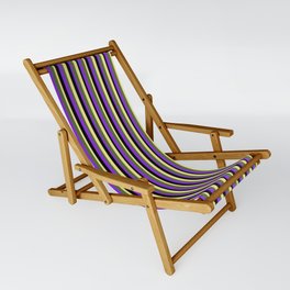 [ Thumbnail: Purple, Black, Tan, and Dark Olive Green Colored Striped Pattern Sling Chair ]