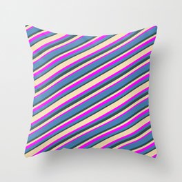 [ Thumbnail: Tan, Fuchsia, Blue, and Dark Slate Gray Colored Stripes Pattern Throw Pillow ]