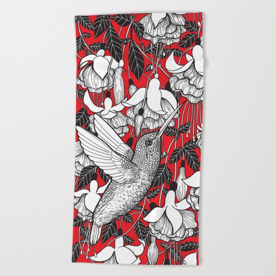 Hummingbird and fuchsia, red background Beach Towel