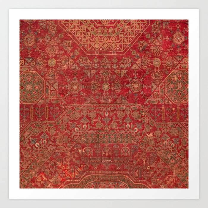 Bohemian Medallion II // 15th Century Old Distressed Red Green Colorful Ornate Accent Rug Pattern Art Print