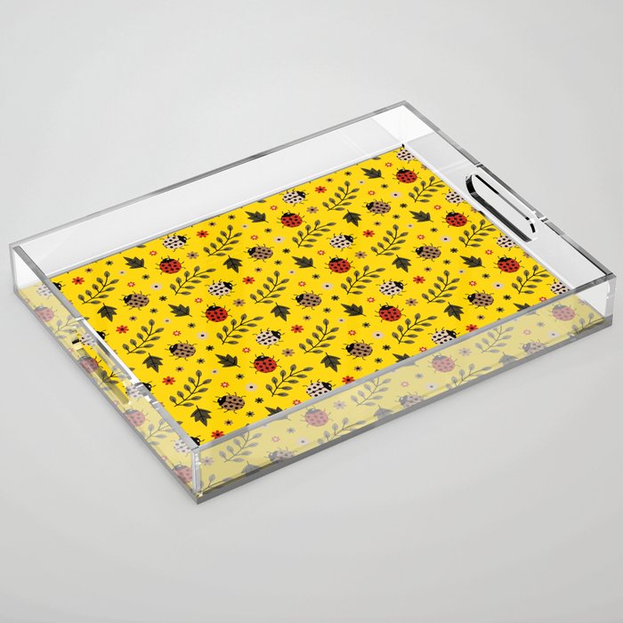 Ladybug and Floral Seamless Pattern on Yellow Background Acrylic Tray