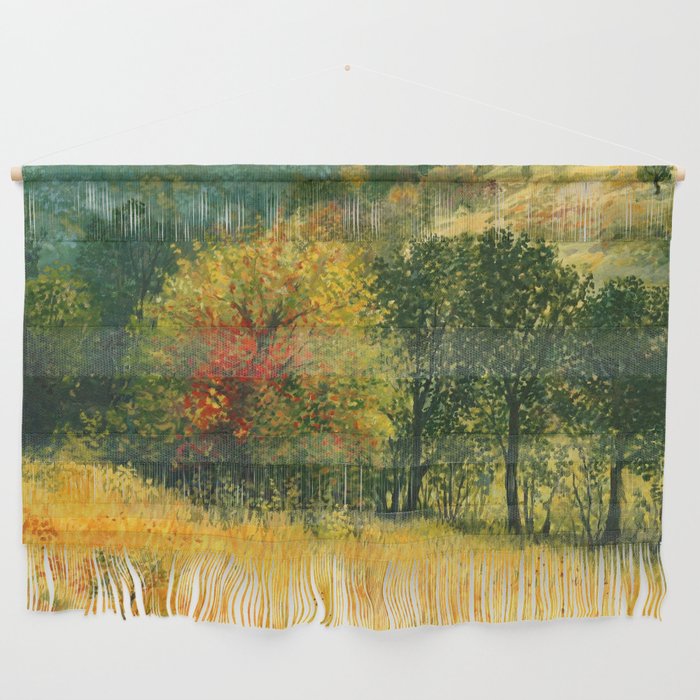 An oil painting on canvas of a seasonal autumn rural landscape with colorful old pear tree, growing alone on a bright sunny meadow near the forest Wall Hanging