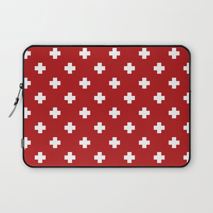 White Swiss Cross Pattern on Red background Laptop Sleeve