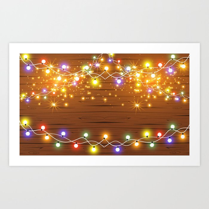 Christmas and New Year design: wooden background with Christmas lights of garland. Vintage illustration, Set of glowing christmas lights. Wooden background.  Art Print