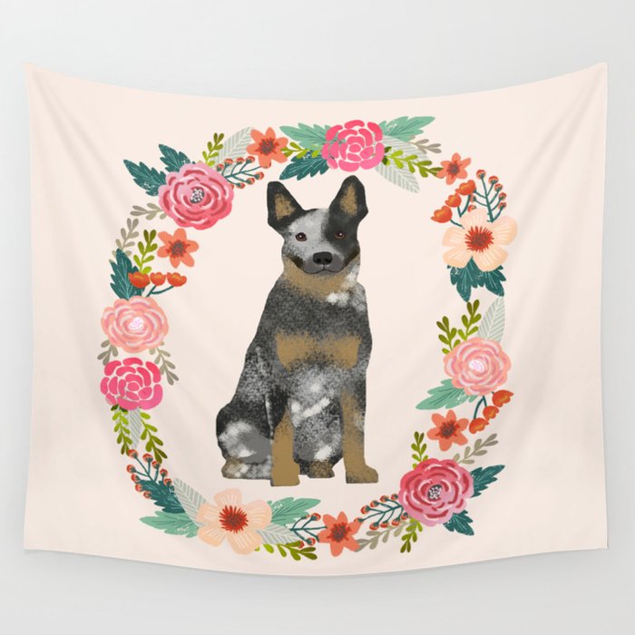 Australian Cattle Dog Blue Heeler Floral Wreath Dog Gifts Pet Portraits Wall Tapestry