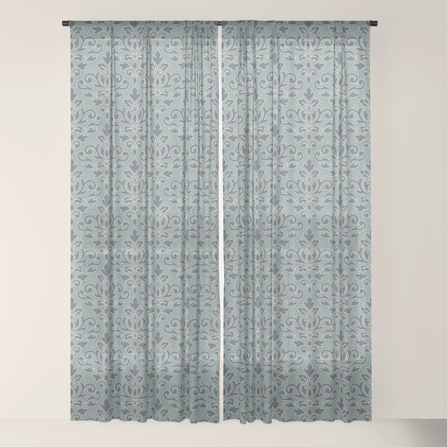 Scroll Damask Outline Pattern Blue Cream Teal Sheer Curtain By