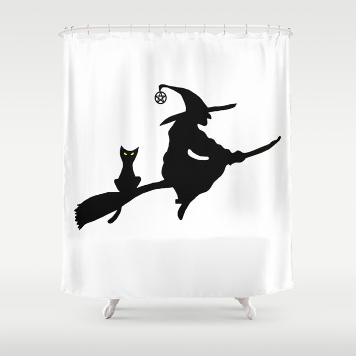 Witch And Cat On Broom Shower Curtain By Imphavokimpressions