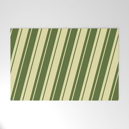 [ Thumbnail: Dark Olive Green & Pale Goldenrod Colored Pattern of Stripes Welcome Mat ]
