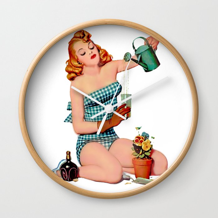 Red Sexy Pinup With Watering Can For Garden Wall Clock