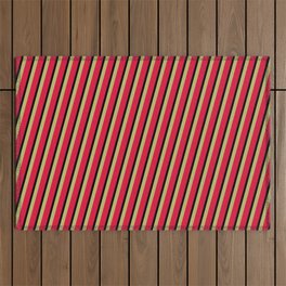 [ Thumbnail: Dark Khaki, Crimson, and Black Colored Striped/Lined Pattern Outdoor Rug ]