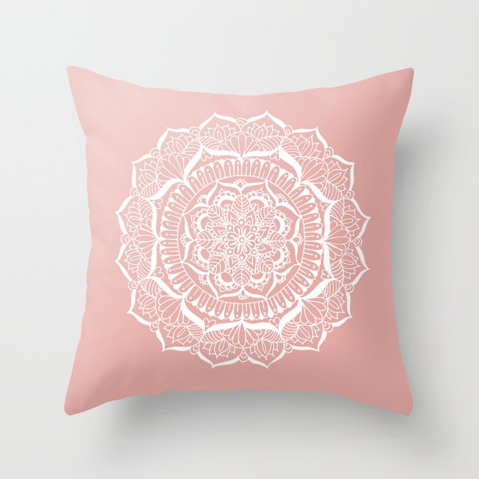 White Flower Mandala on Rose Gold Throw Pillow