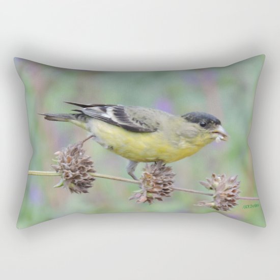 Lesser Goldfinch Snacks on Seeds Rectangular Pillow