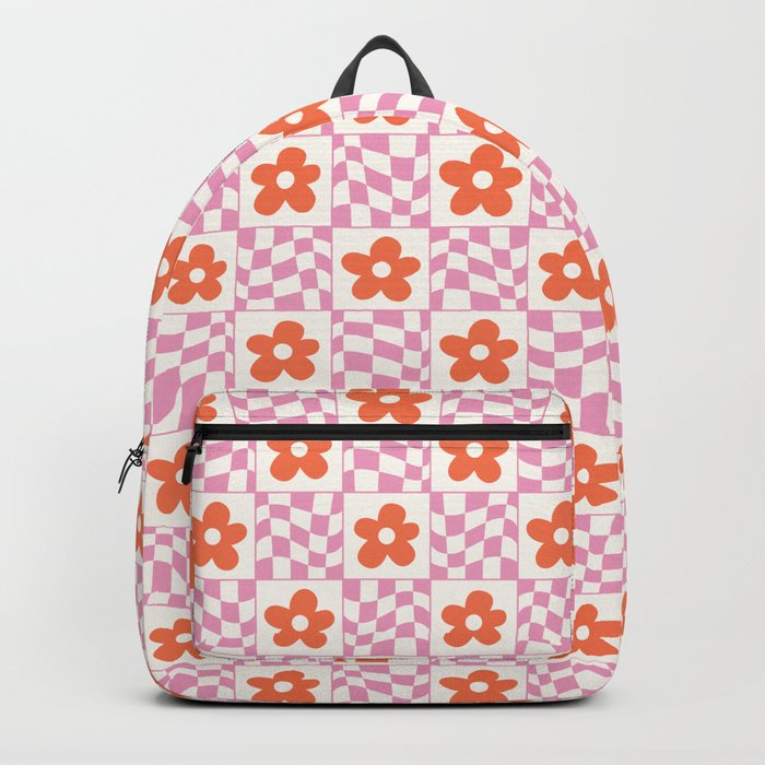 Orange Flower Pink & White Warped Double Checker Backpack