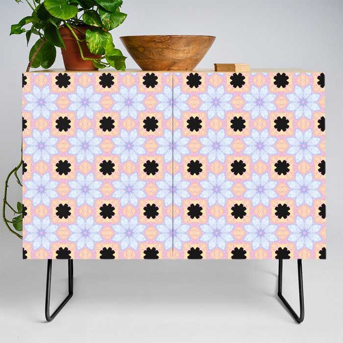 Abstract Small Silver Repeating Flower Pattern Credenza