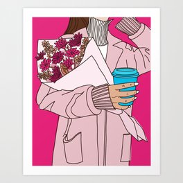 Stylish Girl with Coffee and a bouquet of flowers Art Print