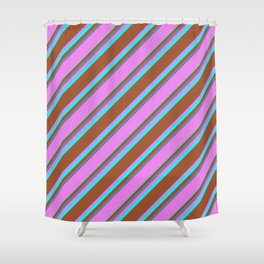 [ Thumbnail: Slate Gray, Violet, Aqua & Sienna Colored Striped/Lined Pattern Shower Curtain ]