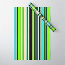 [ Thumbnail: Eyecatching Green, Dark Slate Gray, Bisque, Turquoise, and Black Colored Lined Pattern Wrapping Paper ]