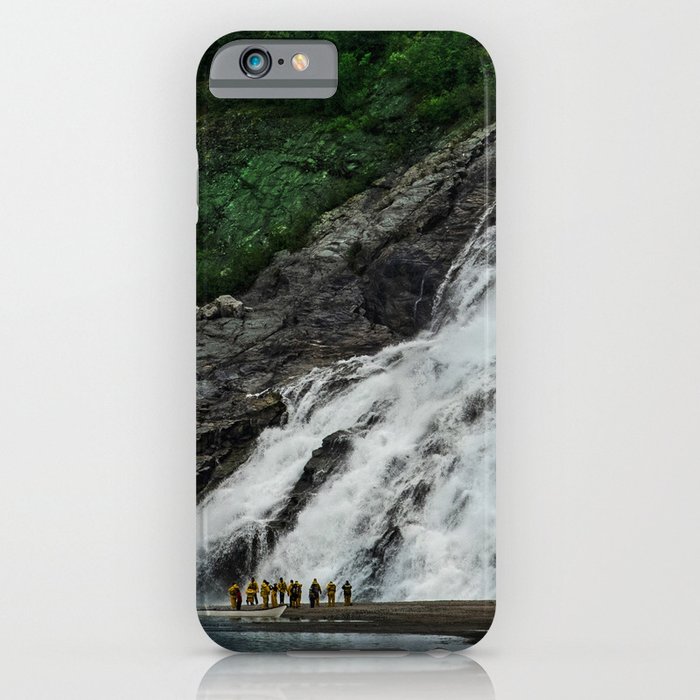 Alaskan Massive Waterfalls And Small Canoe With Hikers iPhone Case