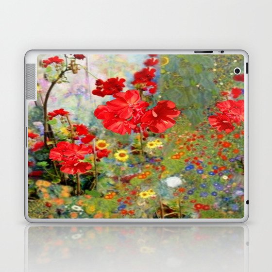 Red Geraniums in Spring Garden Landscape Painting Laptop & iPad Skin