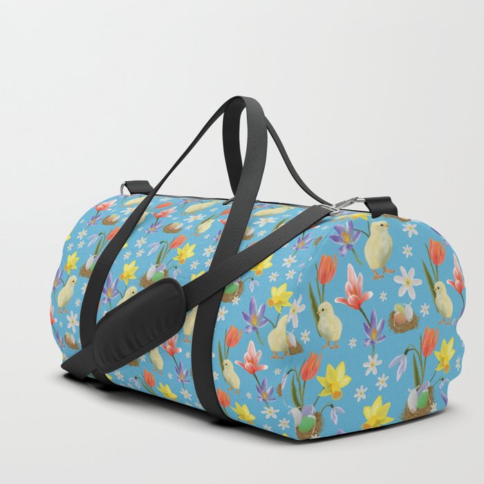 Colorful pattern with easter chicks, easter nests, tulips, daffodils, crocuses, wood anemones Duffle Bag