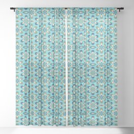 Retro Flower Burst - Blues & Green Sheer Curtain