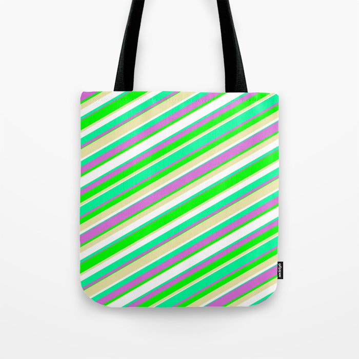 Vibrant Green, Orchid, Lime, Pale Goldenrod, and White Colored Pattern of Stripes Tote Bag