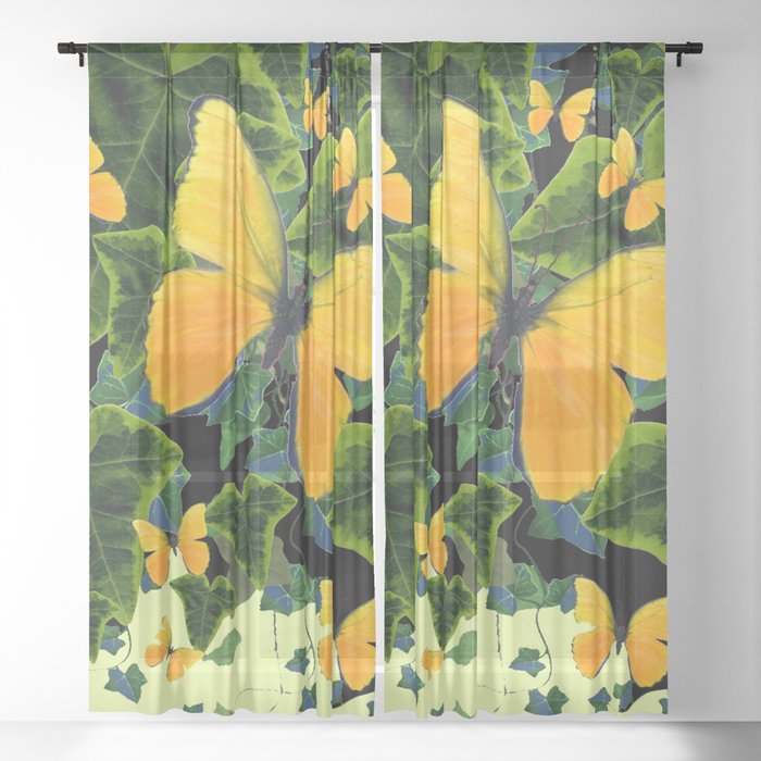 GREEN IVY LEAVES & YELLOW BUTTERFLIES Sheer Curtain
