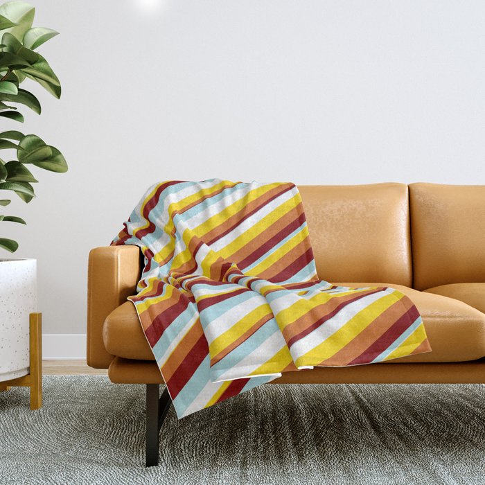 Vibrant Powder Blue, White, Yellow, Chocolate, and Maroon Colored Lines Pattern Throw Blanket