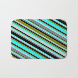 [ Thumbnail: Colorful Black, Green, Aqua, Light Gray, and Slate Gray Colored Stripes/Lines Pattern Bath Mat ]