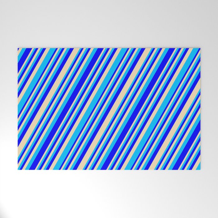 Blue, Tan, and Deep Sky Blue Colored Lined/Striped Pattern Welcome Mat