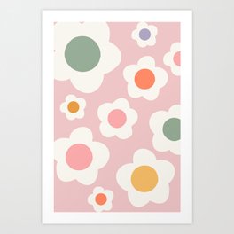 Retro Funky Flowers Pattern on Pink Art Print
